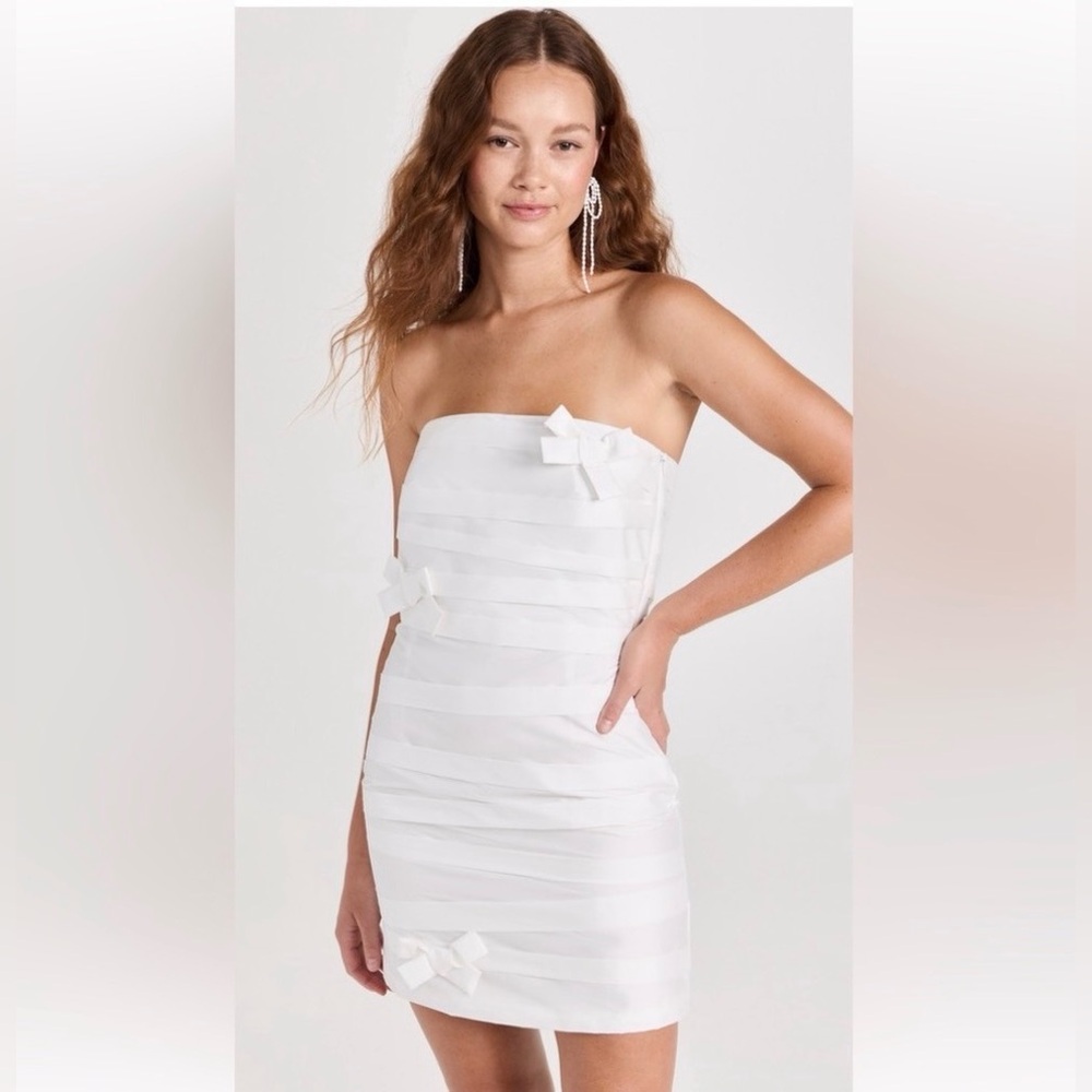 Bernadette Taffeta White Strapless Pleated Bow Detail Dress